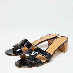 Hermes Black Patent Leather Oasis  Sandals Size 40.5