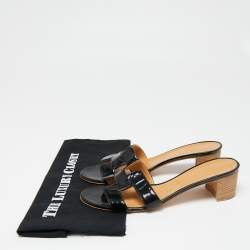 Hermes Black Patent Leather Oasis  Sandals Size 40.5