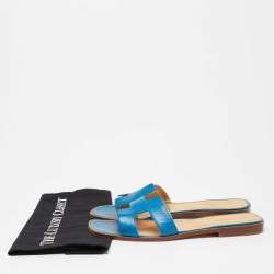 Hermes Blue Leather Oran Flat Slides Size 40 