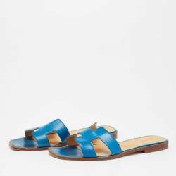 Hermes Blue Leather Oran Flat Slides Size 40 
