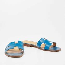 Hermes Blue Leather Oran Flat Slides Size 40 