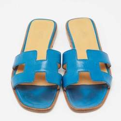 Hermes Blue Leather Oran Flat Slides Size 40 