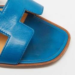 Hermes Blue Leather Oran Flat Slides Size 40 