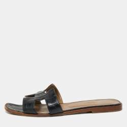 Hermes Black Croc Embossed Leather Oran Flat Slides Size 40