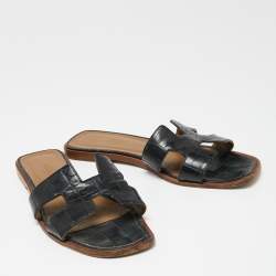 Hermes Black Croc Embossed Leather Oran Flat Slides Size 40