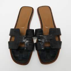 Hermes Black Croc Embossed Leather Oran Flat Slides Size 40