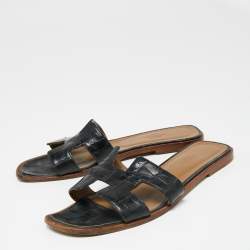 Hermes Black Croc Embossed Leather Oran Flat Slides Size 40