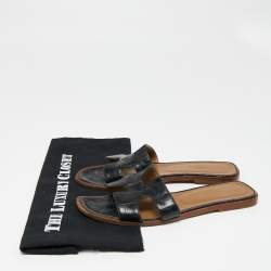 Hermes Black Croc Embossed Leather Oran Flat Slides Size 40