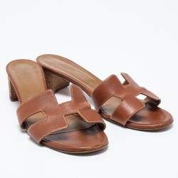 Pre Owned Hermes Brown Leather Oasis Sandals Size 39.5