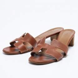 Pre Owned Hermes Brown Leather Oasis Sandals Size 39.5