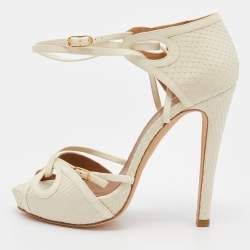 Hermes Cream Python Peep Toe Ankle Strap Sandals Size 36.5