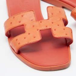 Hermes Orange Ostrich Leather Oran Flat Sandals Size 37