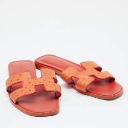 Hermes Orange Ostrich Leather Oran Flat Sandals Size 37