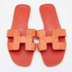 Hermes Orange Ostrich Leather Oran Flat Sandals Size 37