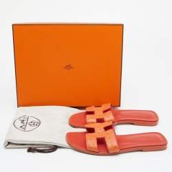 Hermes Orange Ostrich Leather Oran Flat Sandals Size 37