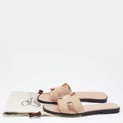 Pre Owned Hermes Blush Pink Twill Oran Herringbone Dabka Slide Flats Size 38.5