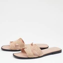 Pre Owned Hermes Blush Pink Twill Oran Herringbone Dabka Slide Flats Size 38.5