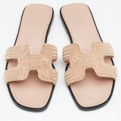 Pre Owned Hermes Blush Pink Twill Oran Herringbone Dabka Slide Flats Size 38.5