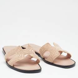 Pre Owned Hermes Blush Pink Twill Oran Herringbone Dabka Slide Flats Size 38.5