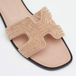 Pre Owned Hermes Blush Pink Twill Oran Herringbone Dabka Slide Flats Size 38.5