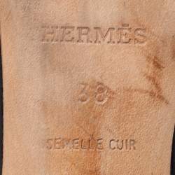 Pre Owned Hermes Black Leather Oasis Block Heel Slide Sandals Size 38