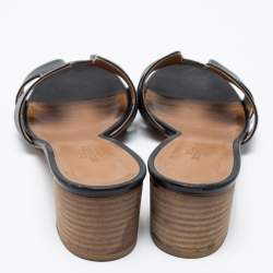 Pre Owned Hermes Black Leather Oasis Block Heel Slide Sandals Size 38