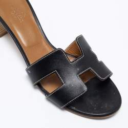 Pre Owned Hermes Black Leather Oasis Block Heel Slide Sandals Size 38