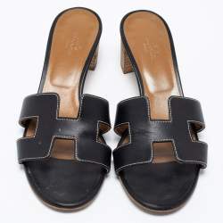 Pre Owned Hermes Black Leather Oasis Block Heel Slide Sandals Size 38