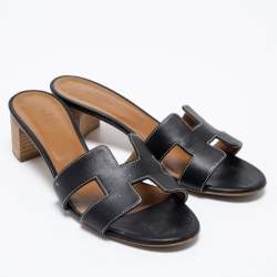 Pre Owned Hermes Black Leather Oasis Block Heel Slide Sandals Size 38