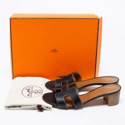 Pre Owned Hermes Black Leather Oasis Block Heel Slide Sandals Size 38