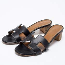 Pre Owned Hermes Black Leather Oasis Block Heel Slide Sandals Size 38