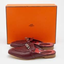 Hermes Burgundy Leather Palladium Plated Oz Mules Size 37