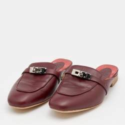 Hermes Burgundy Leather Palladium Plated Oz Mules Size 37