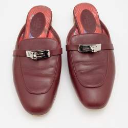 Hermes Burgundy Leather Palladium Plated Oz Mules Size 37