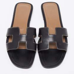 Pre Owned Hermes Black Leather Oran Flats Size 37