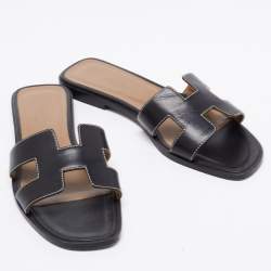 Pre Owned Hermes Black Leather Oran Flats Size 37