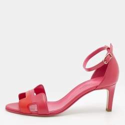 Pre Owned Hermes Pink/Red Leather Premiere Ankle Strap Sandals Size 38