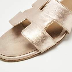 Hermes Rose Gold Leather Oasis Slide Sandals Size 39.5