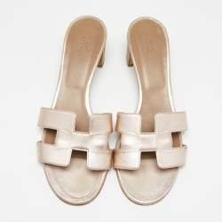 Hermes Rose Gold Leather Oasis Slide Sandals Size 39.5