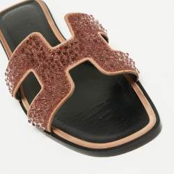 Pre Owned Hermes Brown Glitter Embellished Oran Flat Sandals Size 39