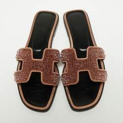 Pre Owned Hermes Brown Glitter Embellished Oran Flat Sandals Size 39