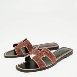 Pre Owned Hermes Brown Glitter Embellished Oran Flat Sandals Size 39