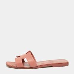 Hermes Pink Leather Oran Flat Slides Size 40