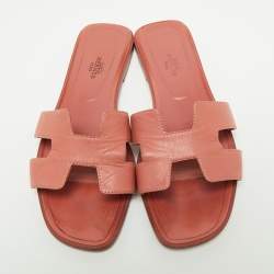 Hermes Pink Leather Oran Flat Slides Size 40