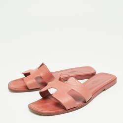 Hermes Pink Leather Oran Flat Slides Size 40