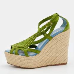 Hermes Green Suede Wedge Espadrille Platform Sandals Size 37