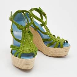 Hermes Green Suede Wedge Espadrille Platform Sandals Size 37