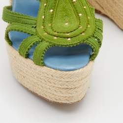 Hermes Green Suede Wedge Espadrille Platform Sandals Size 37