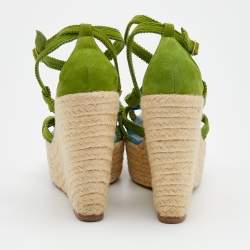 Hermes Green Suede Wedge Espadrille Platform Sandals Size 37