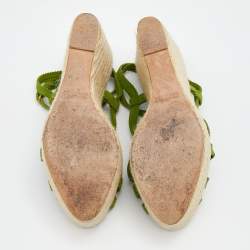 Hermes Green Suede Wedge Espadrille Platform Sandals Size 37